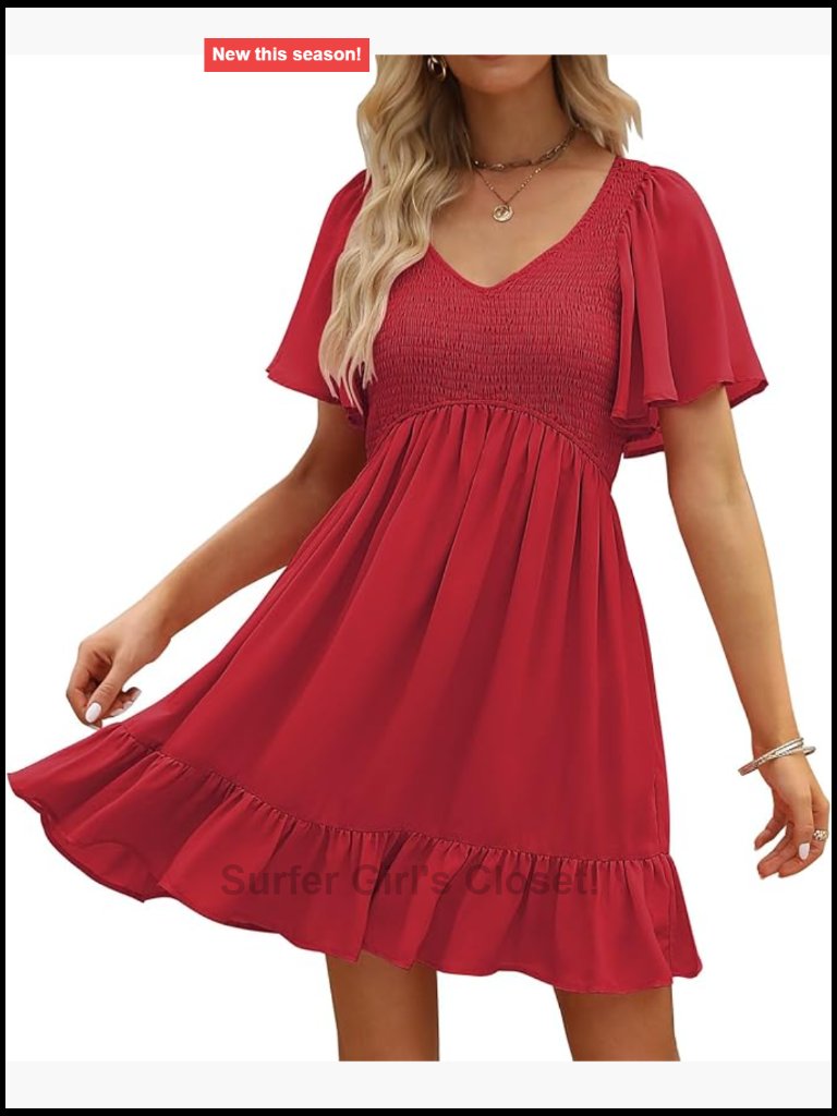 Flowy Smocked V-Neck Mini Dress With Pockets - Casual